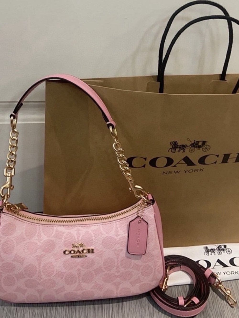 Coach Pink Signature Mini Shoulder Bag with Gold Chain